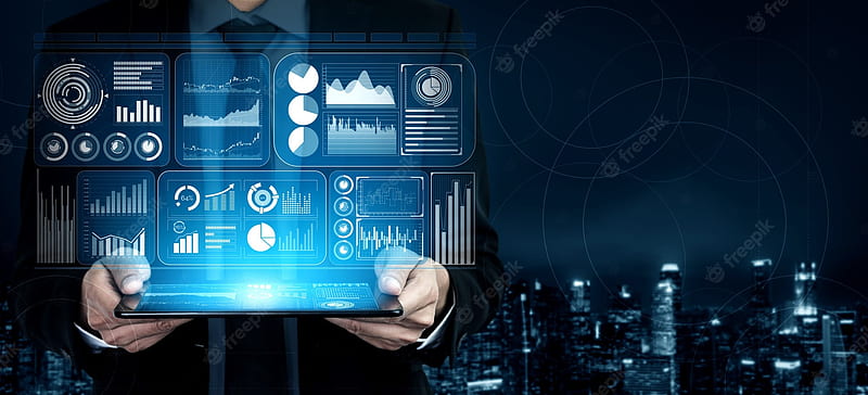 Executive interacting with a data analytics dashboard